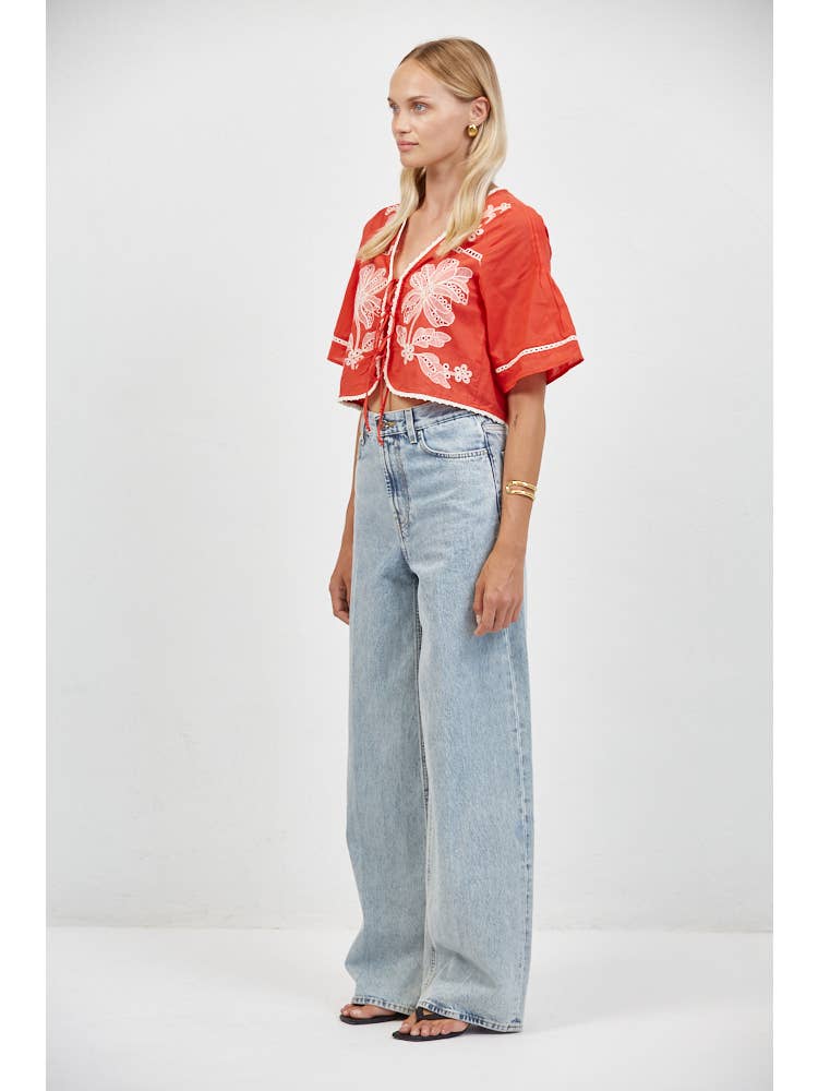 Embroidered V Neck Short Sleeve Crop Top
