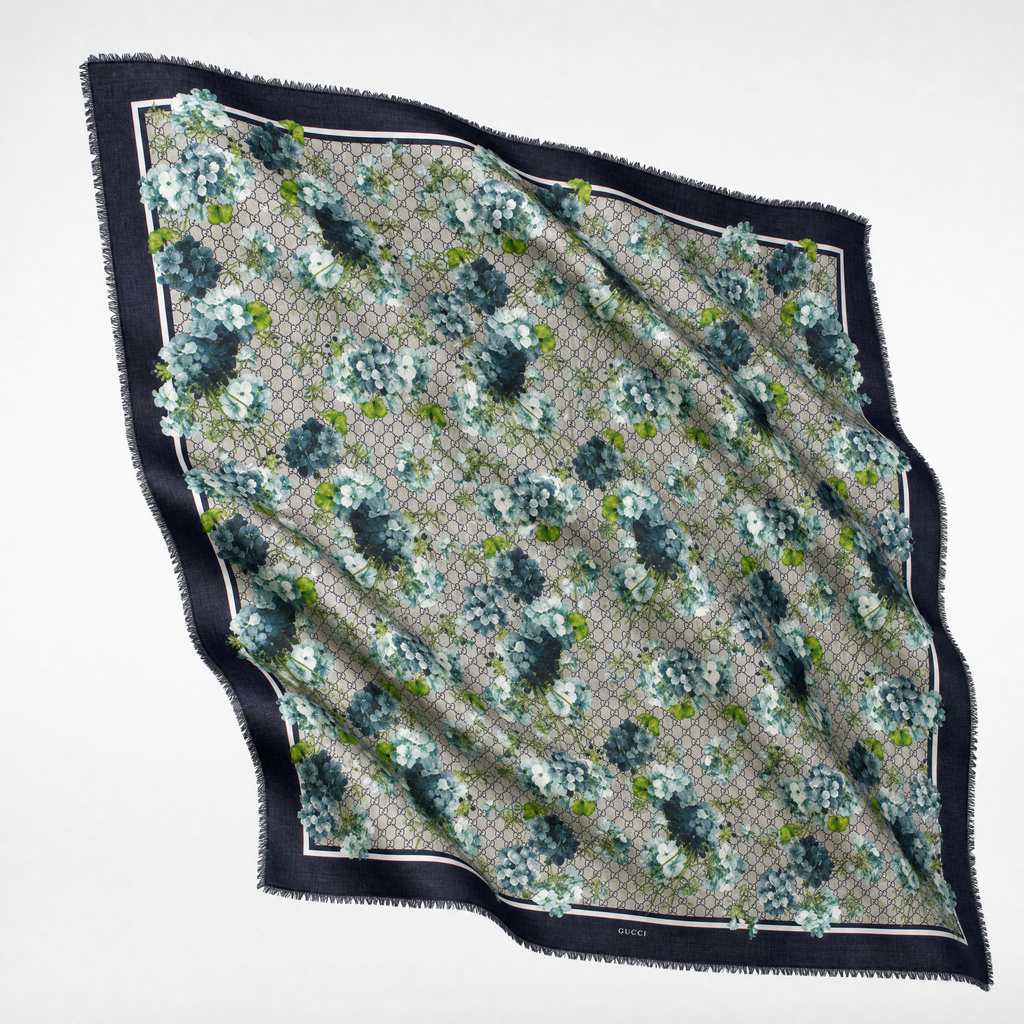 Vintage Gucci Blooms Blue Scarf Drawstring Crossbody Bag