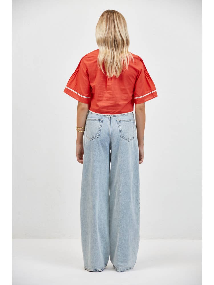 Embroidered V Neck Short Sleeve Crop Top