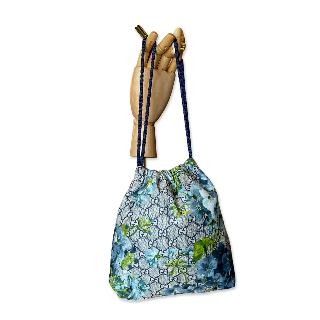 Vintage Gucci Blooms Blue Scarf Drawstring Crossbody Bag