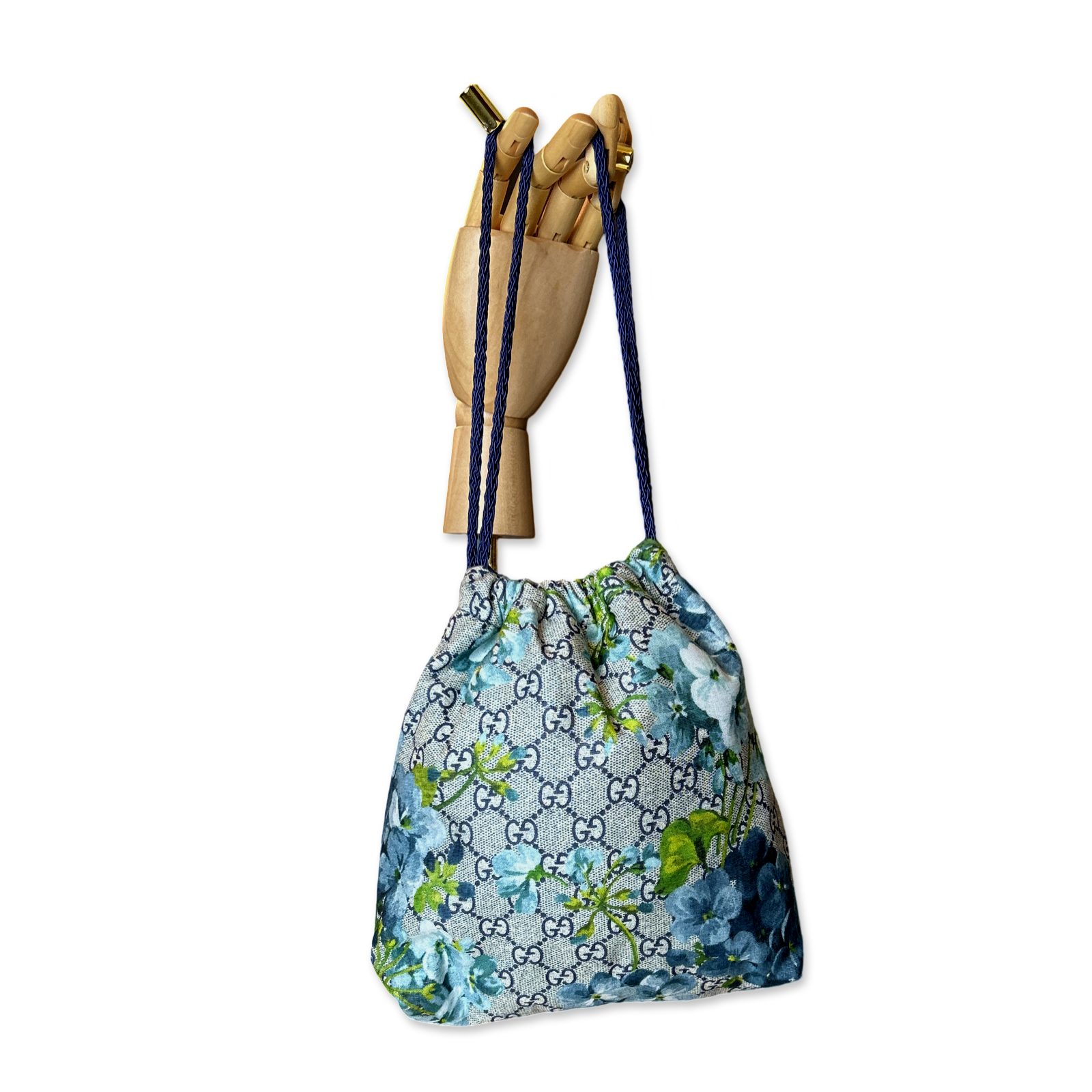 Vintage Gucci Blooms Blue Scarf Drawstring Crossbody Bag