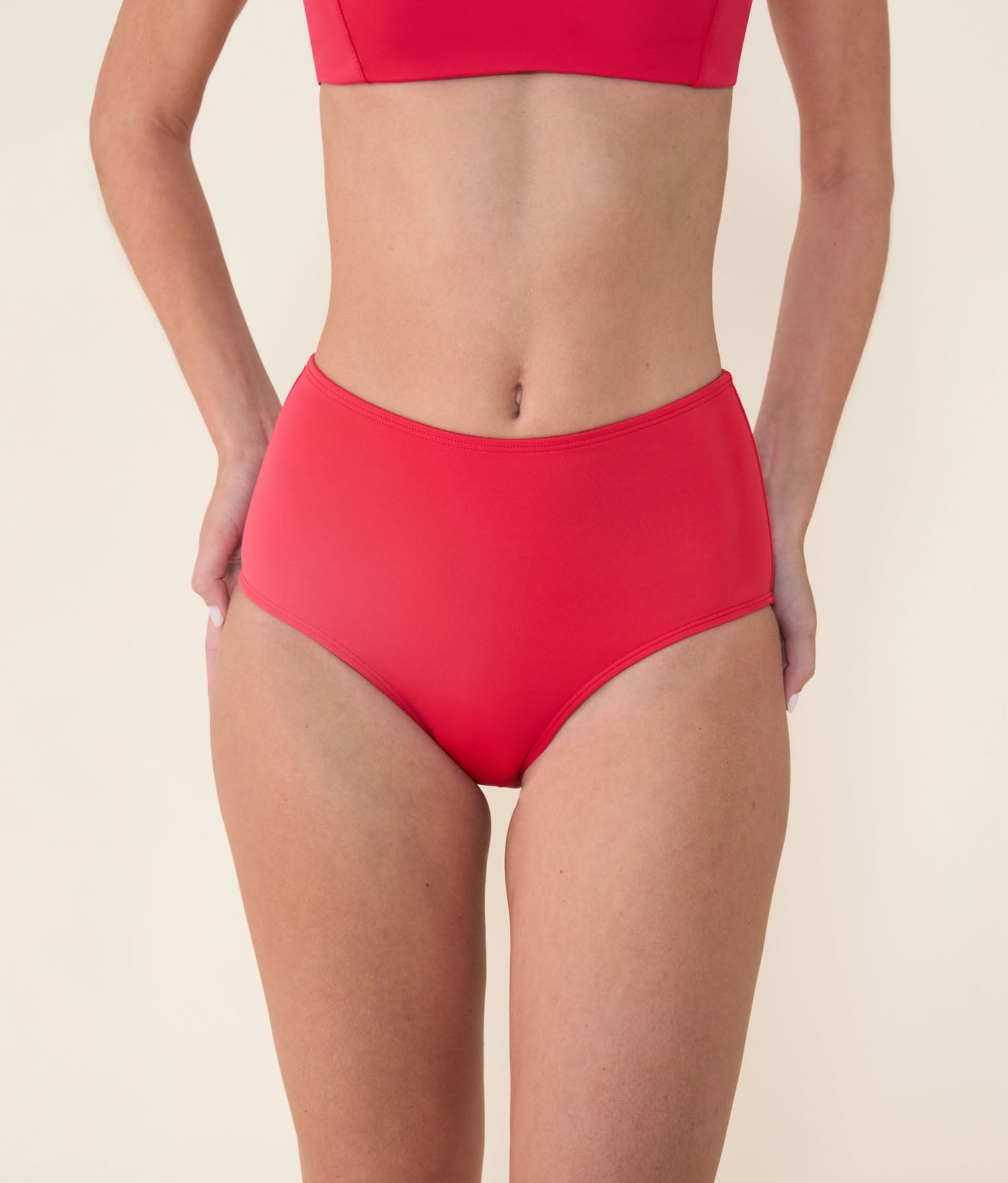 The High Waist Bikini Bottom - Eco Nylon - Cherry Red