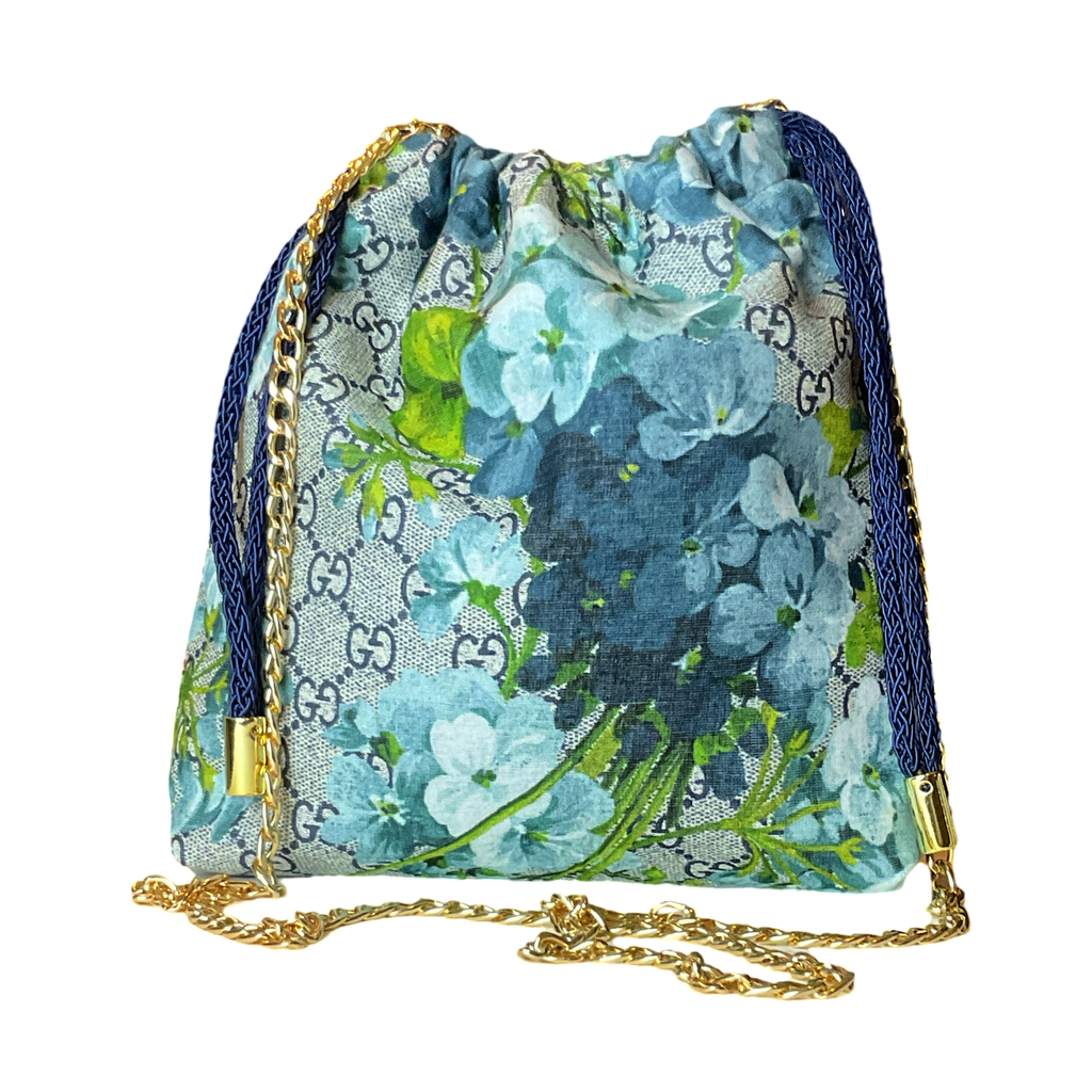 Vintage Gucci Blooms Blue Scarf Drawstring Crossbody Bag
