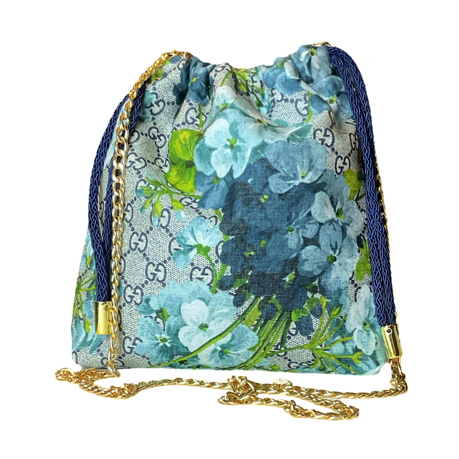 Vintage Gucci Blooms Blue Scarf Drawstring Crossbody Bag