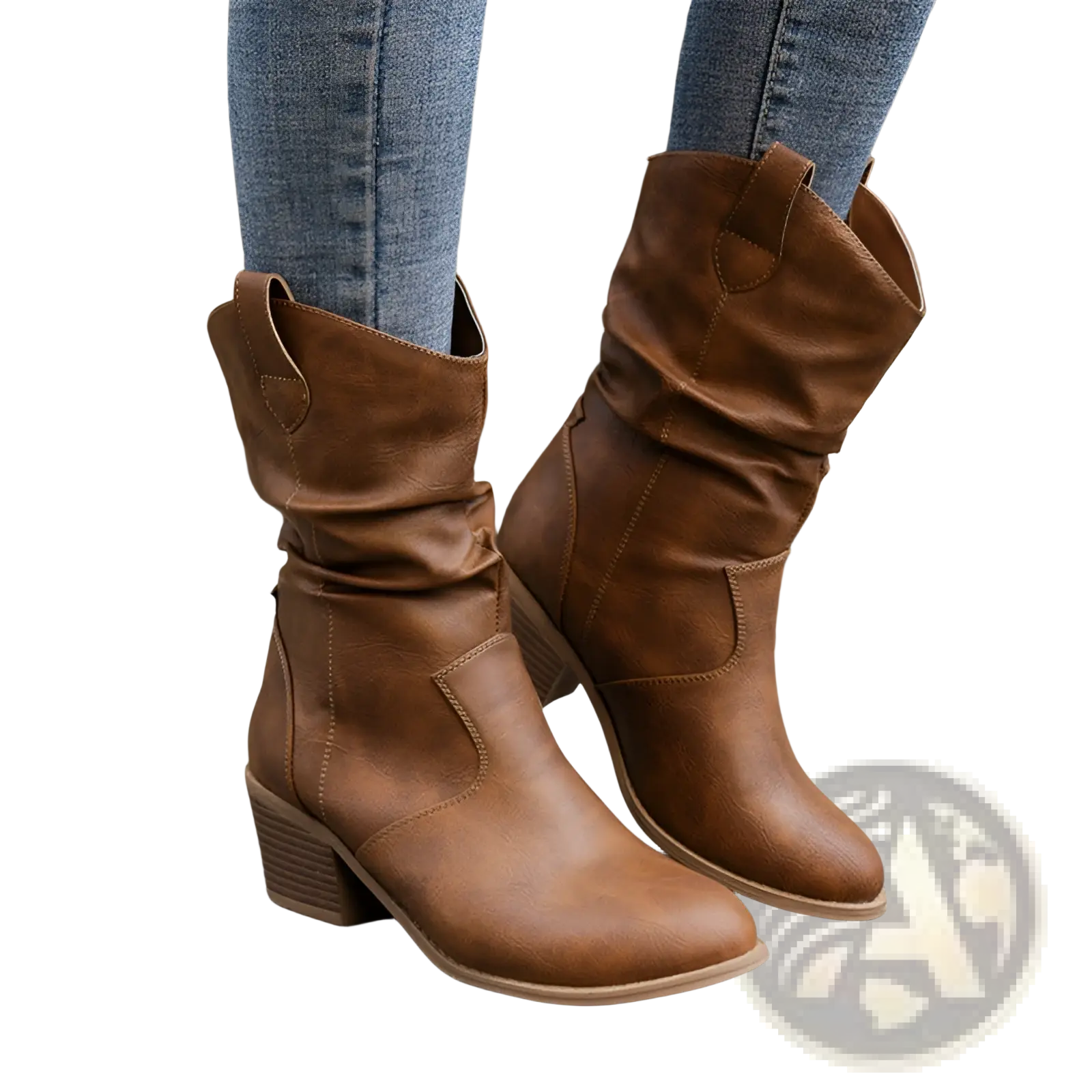 Cowboy Boots for Women Square Heel Mid Calf Pu Leather