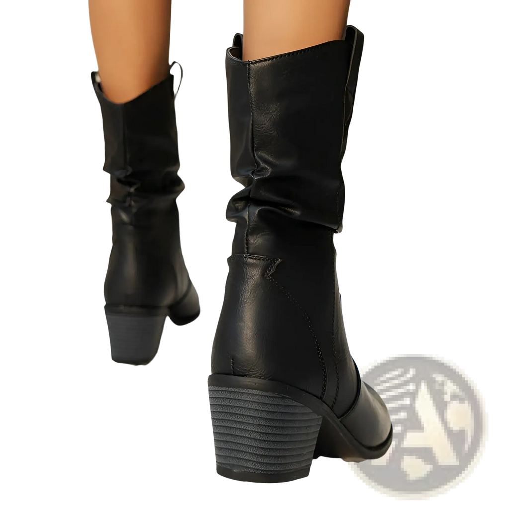 Cowboy Boots for Women Square Heel Mid Calf Pu Leather
