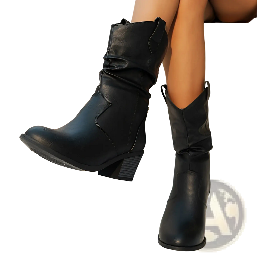 Cowboy Boots for Women Square Heel Mid Calf Pu Leather