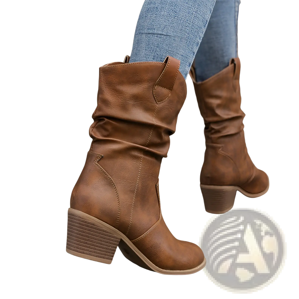 Cowboy Boots for Women Square Heel Mid Calf Pu Leather