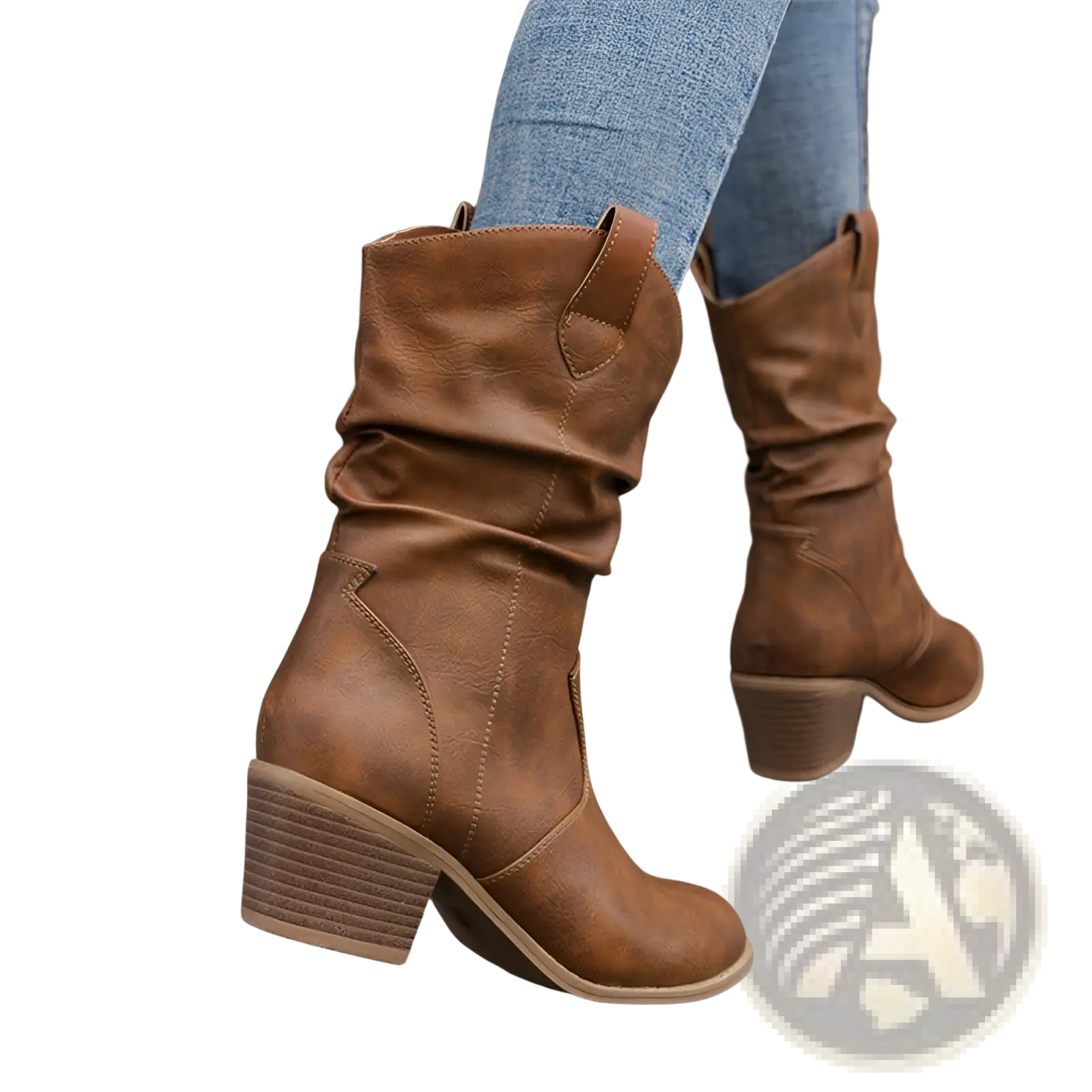 Cowboy Boots for Women Square Heel Mid Calf Pu Leather