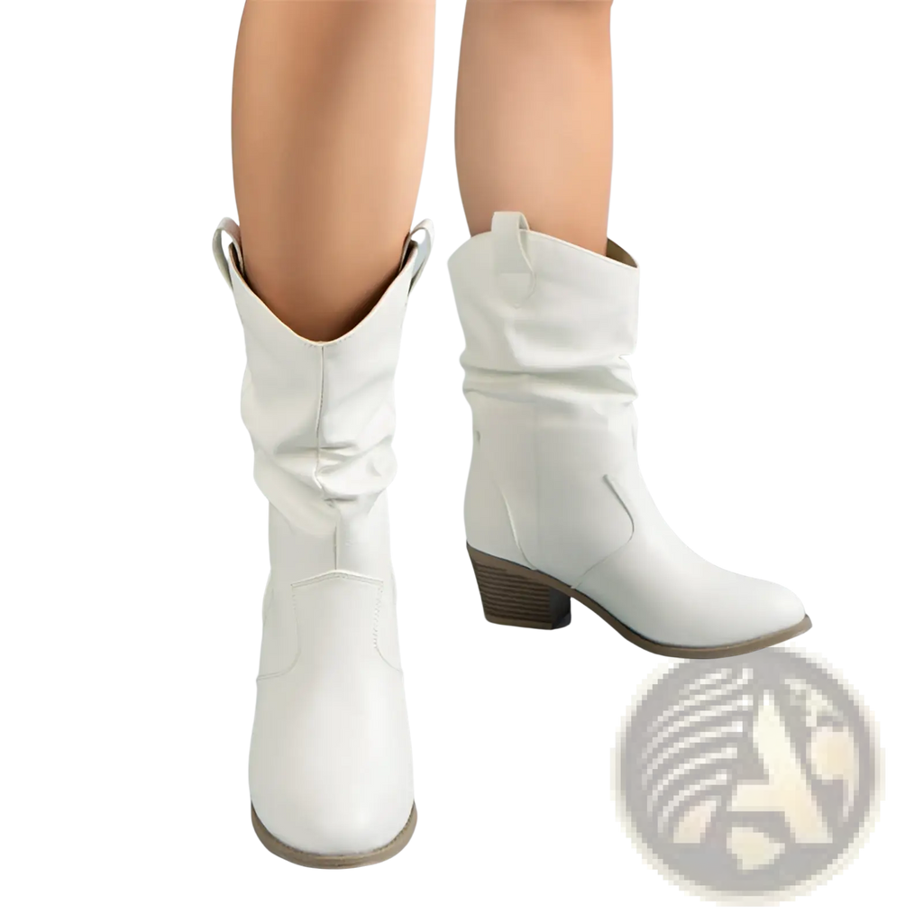 Cowboy Boots for Women Square Heel Mid Calf Pu Leather