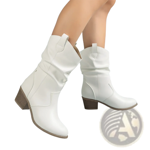 Cowboy Boots for Women Square Heel Mid Calf Pu Leather