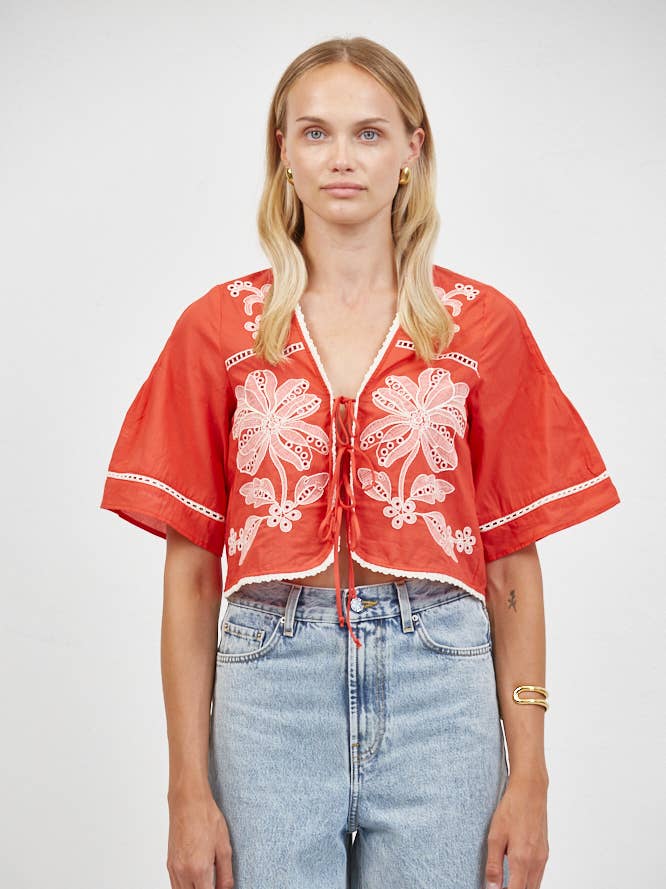 Embroidered V Neck Short Sleeve Crop Top